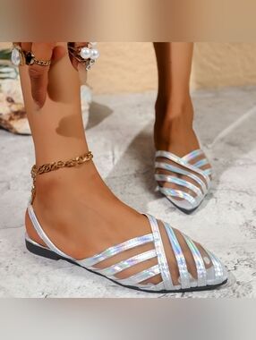 Iridescent Silver Strappy Women's Flat Sandals With Slingback